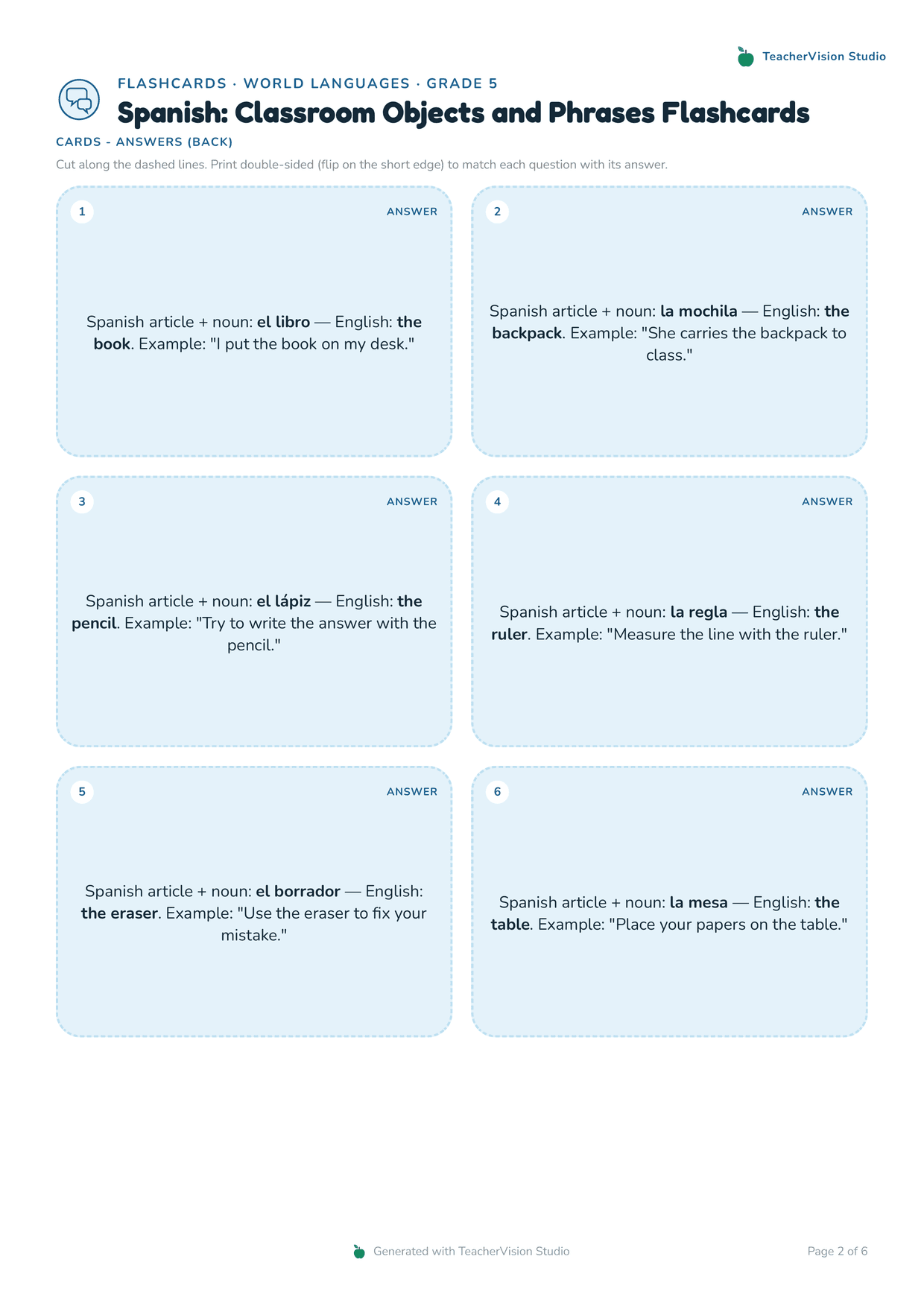 The answer side of a Grade 5 Spanish classroom-vocabulary flashcard set: six tinted blue cards inside dashed cut lines, each giving the English meaning and a sentence using the word.