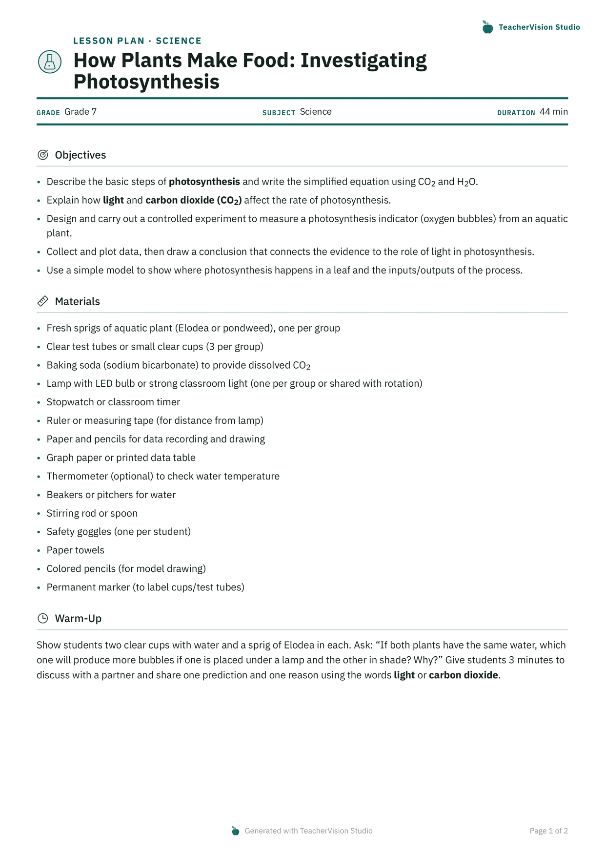 Page one of a Grade 7 photosynthesis lesson plan: a teal rule under the grade, subject and duration, then five objectives and a fifteen-item materials list naming Elodea and baking soda.
