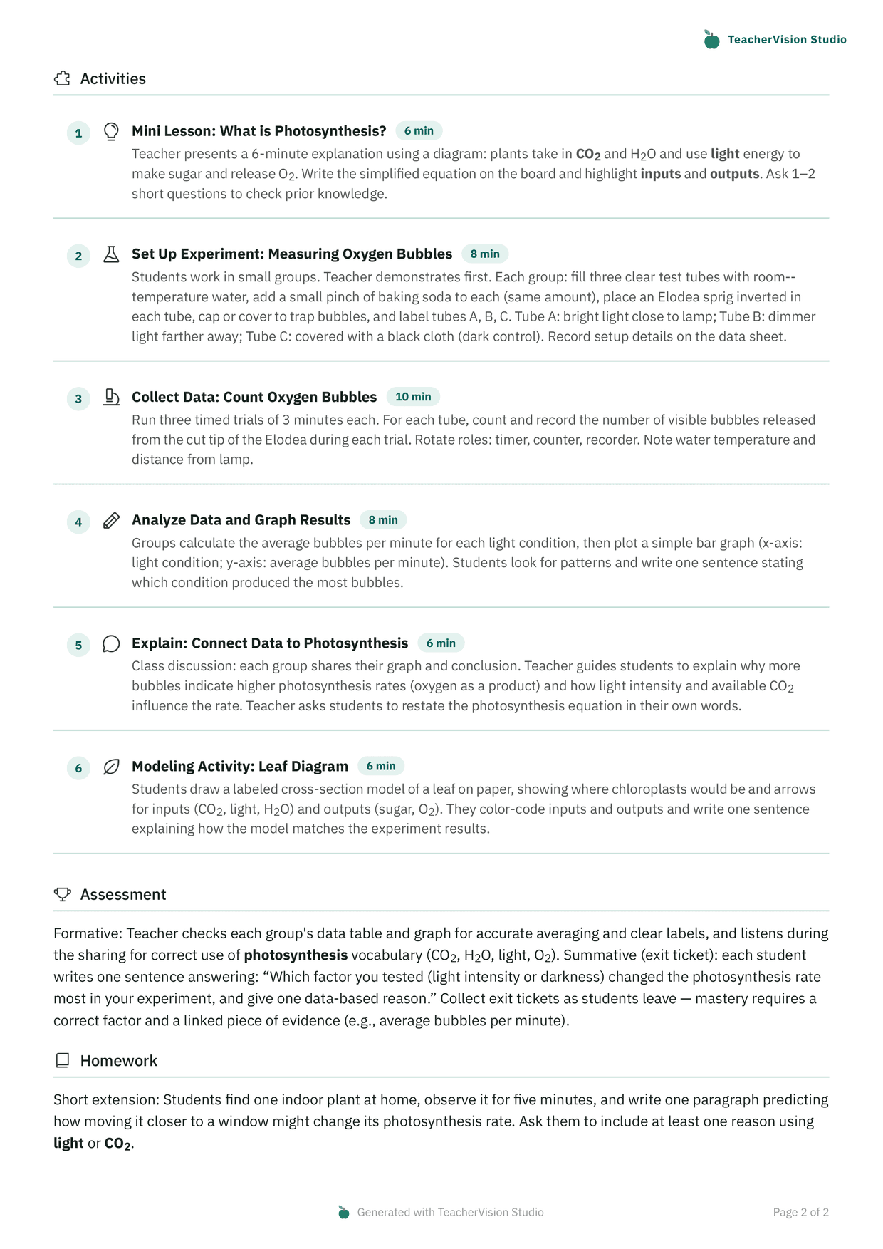 Page two of the Grade 7 lesson plan: six numbered activities, each with an icon, a teal minute badge and a paragraph of instructions, followed by assessment and homework.