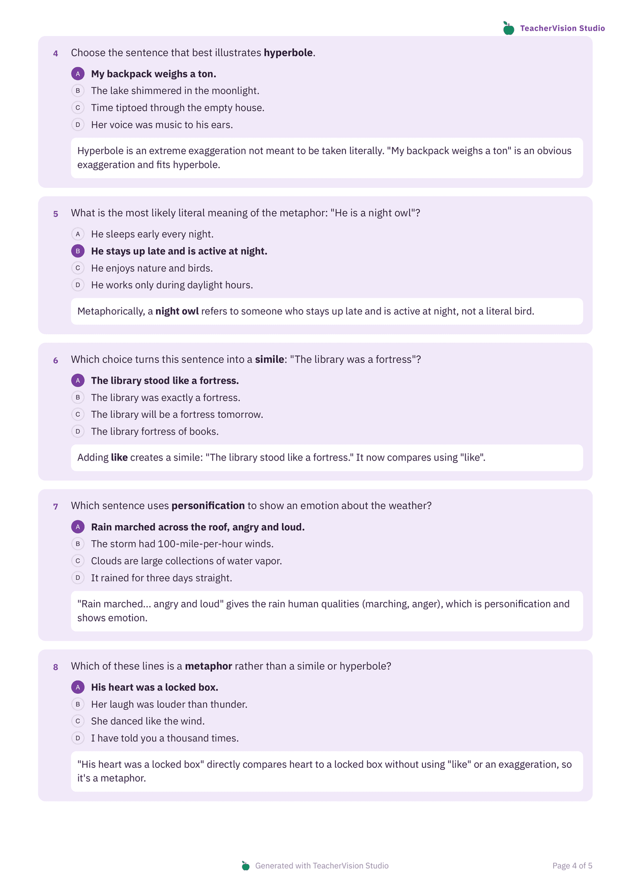 The teacher copy of the Grade 6 quiz: each question on a tinted purple card with the correct option filled in and a short explanation of why it is right.