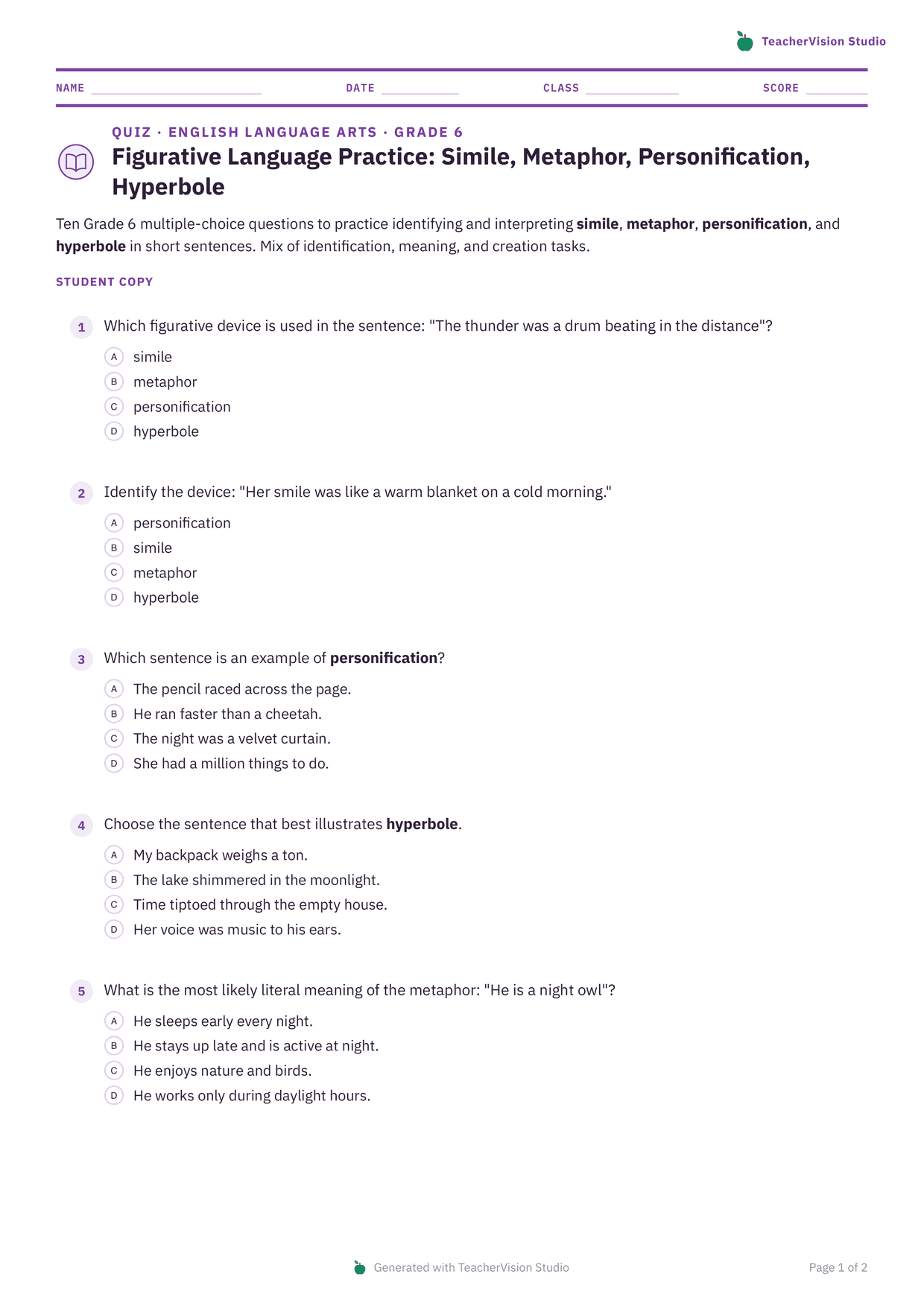 Page one of a Grade 6 figurative-language quiz: a purple name, date, class and score rule across the top, then five multiple-choice questions with lettered options.