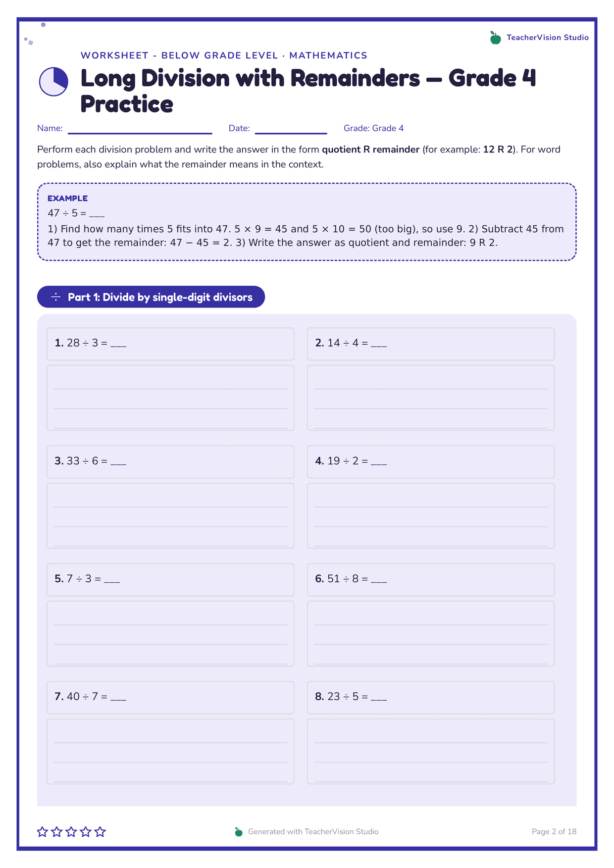The first page of the below-grade-level tier of the Grade 4 packet: the same indigo frame and layout as the on-grade sheet, but single-digit divisors and a step-by-step worked example.