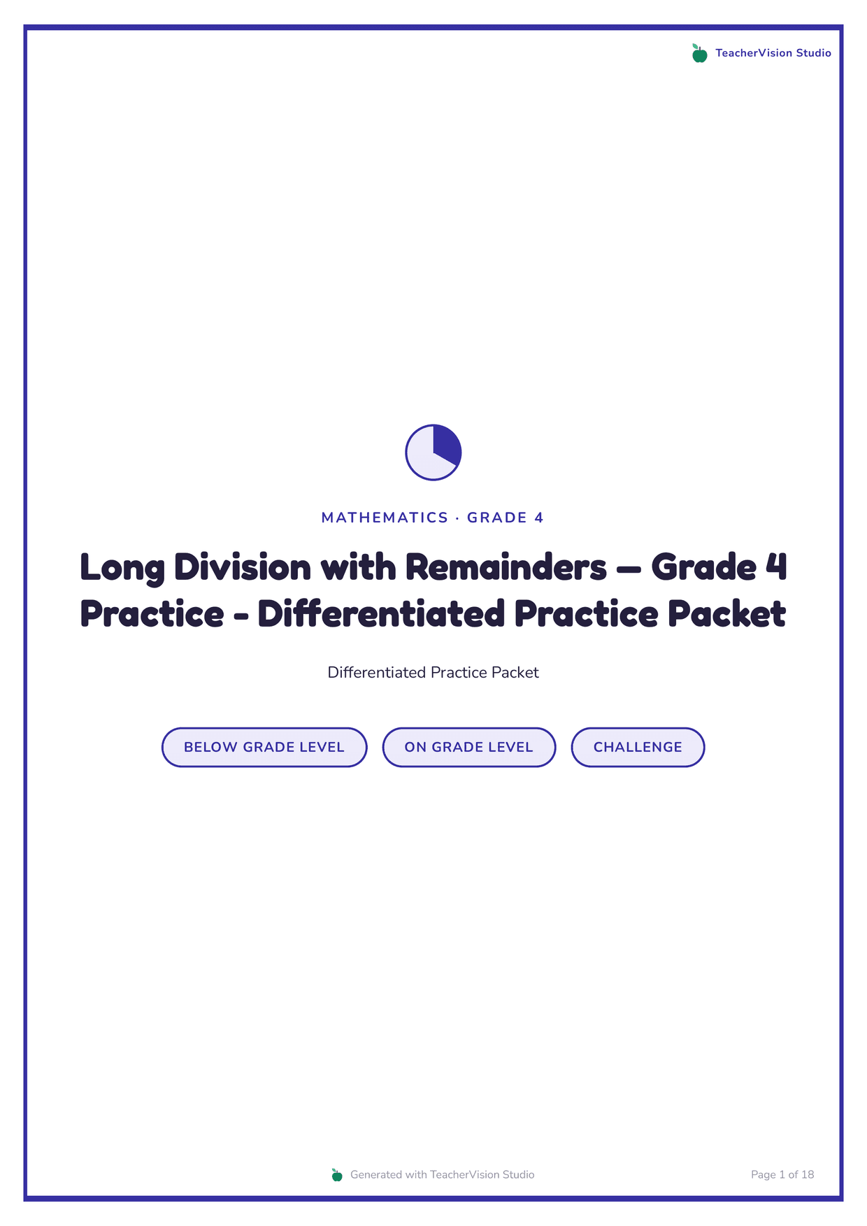 The cover of a Grade 4 long-division practice packet: the title centred under a small mark, above three pills reading Below grade level, On grade level and Challenge.
