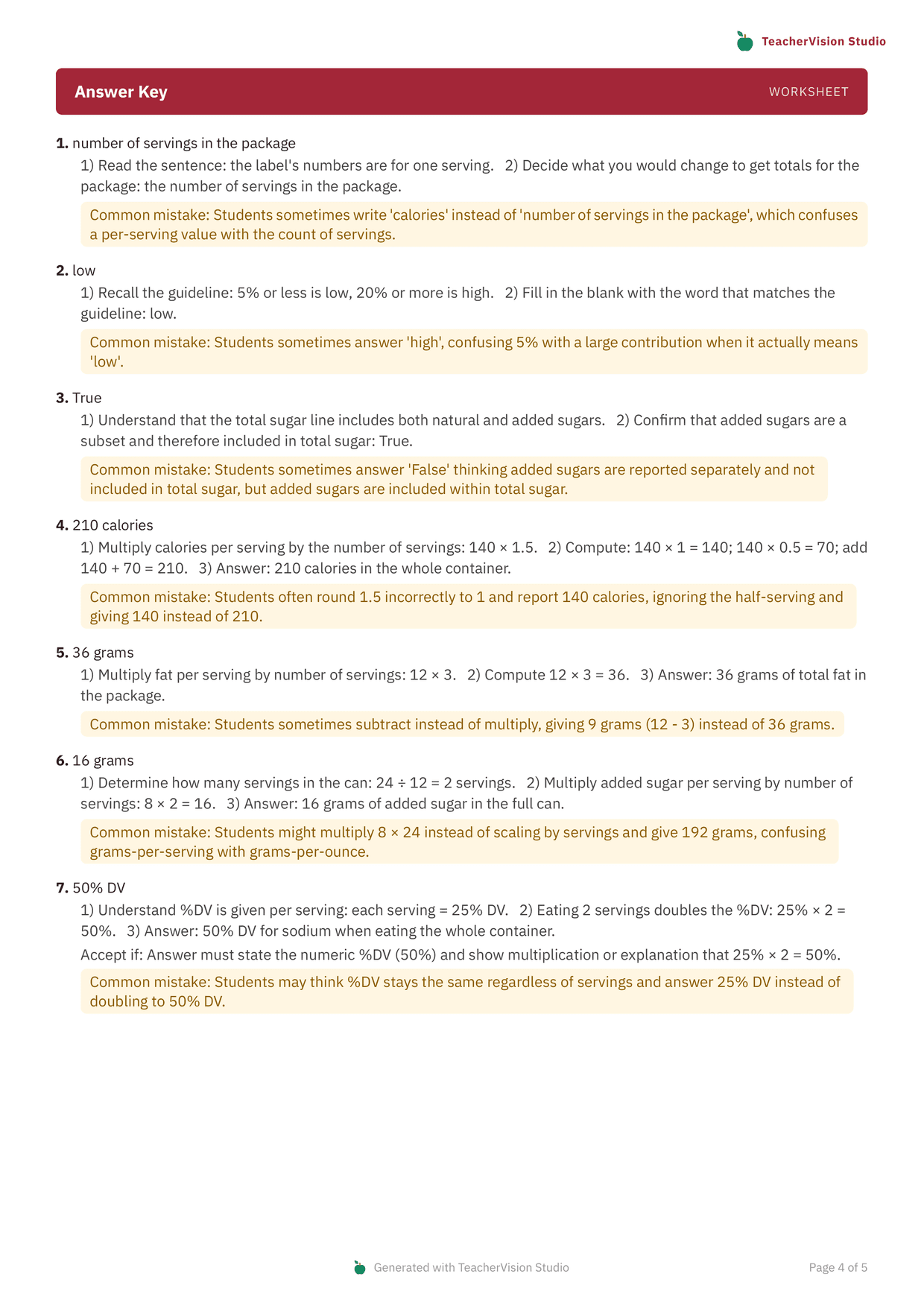 The answer key of the Grade 10 health worksheet: each answer with its calculation written out, and an amber note naming the arithmetic slip students make.