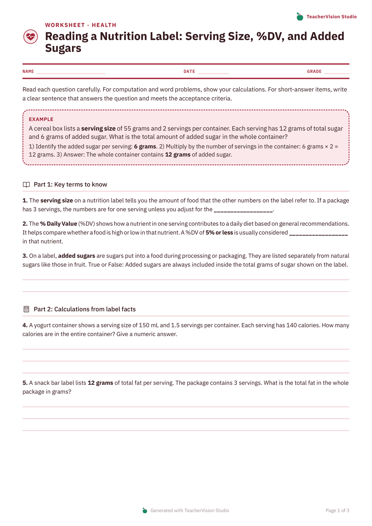 Page one of a Grade 10 health worksheet on reading nutrition labels. No page frame at all: a crimson rule under the title, a worked example, then vocabulary items and per-serving calculations.