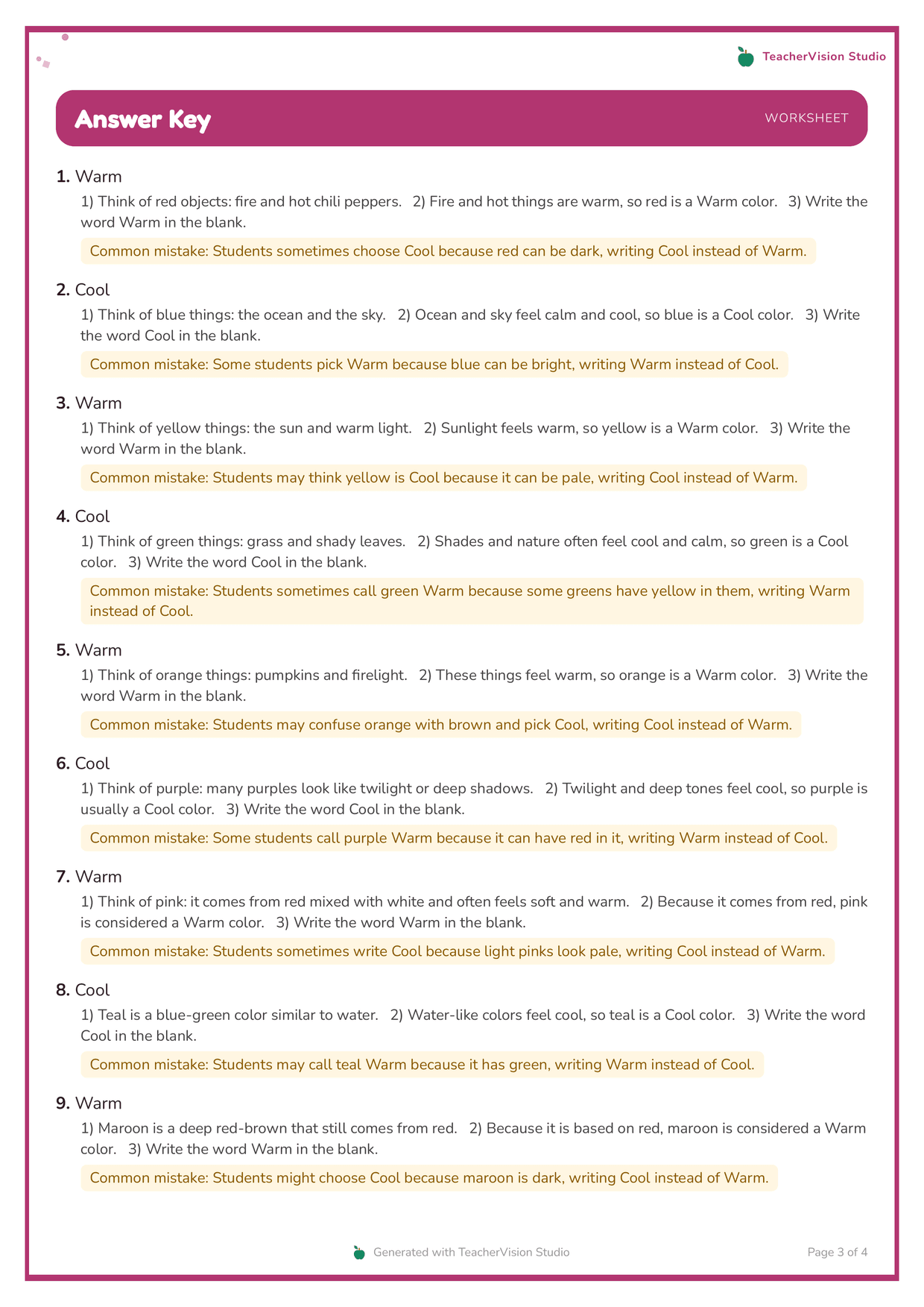 The answer key of the Grade 2 art worksheet. Each answer is Warm or Cool, followed by a child-level explanation and an amber note naming the mistake students usually make.