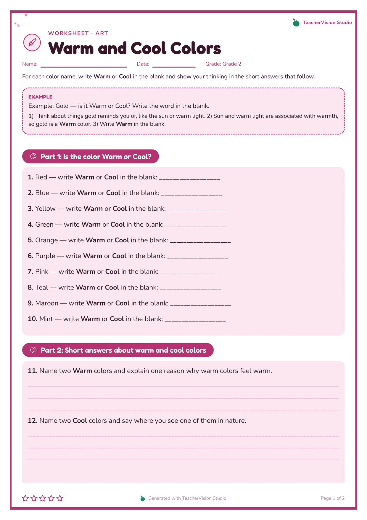 Page one of a Grade 2 art worksheet on warm and cool colours. A thick rounded pink frame, a large rounded title, a worked example in a dashed box, then six colours to label and two picture questions.