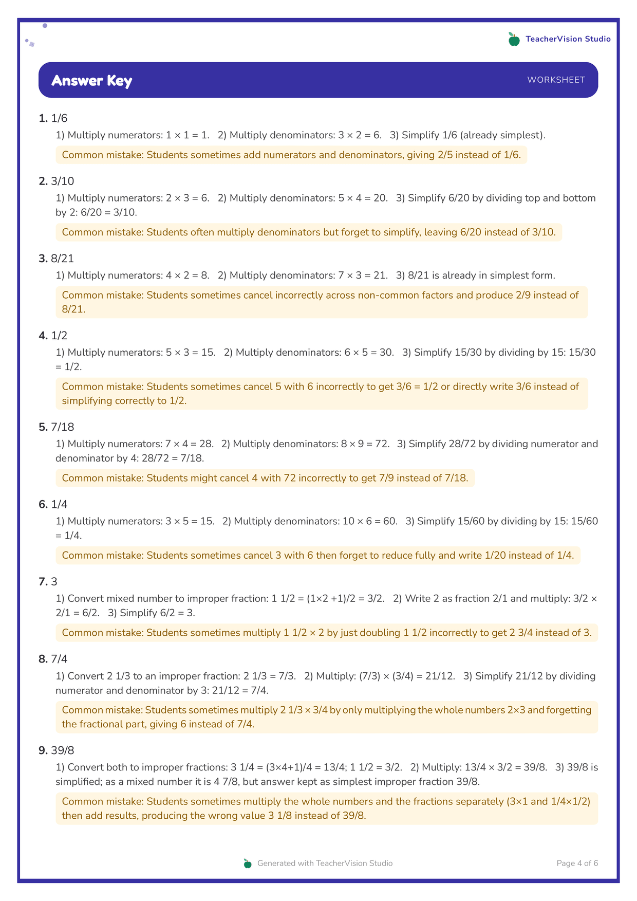 The answer key of the Grade 5 worksheet. Each answer is followed by numbered solution steps and an amber Common mistake note naming the specific error students make.