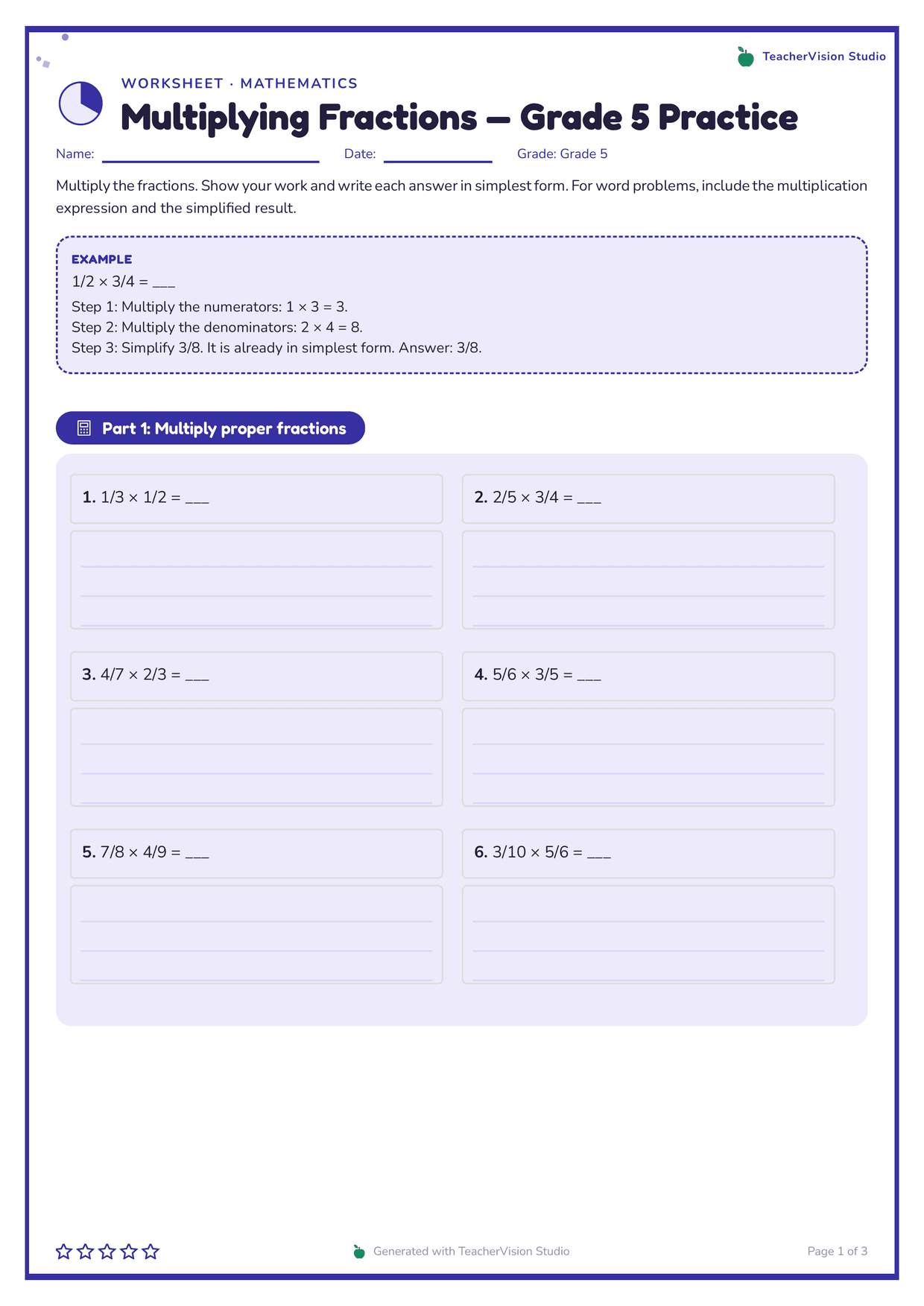 Page one of a Grade 5 multiplying-fractions worksheet: an indigo frame, a worked example in a dashed box, and six problems in a two-column grid with ruled answer boxes.
