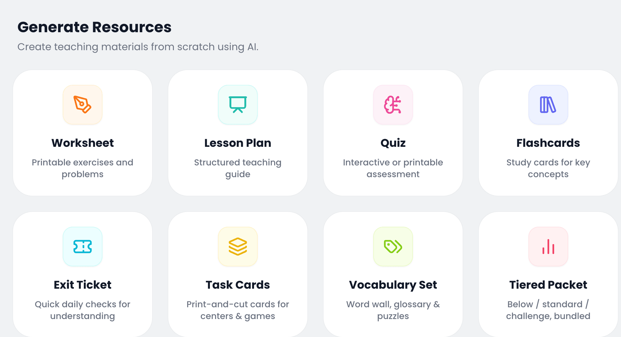 The Studio create screen, showing the eight resource types a teacher can generate: worksheet, lesson plan, quiz, flashcards, exit ticket, task cards, vocabulary set and tiered packet.