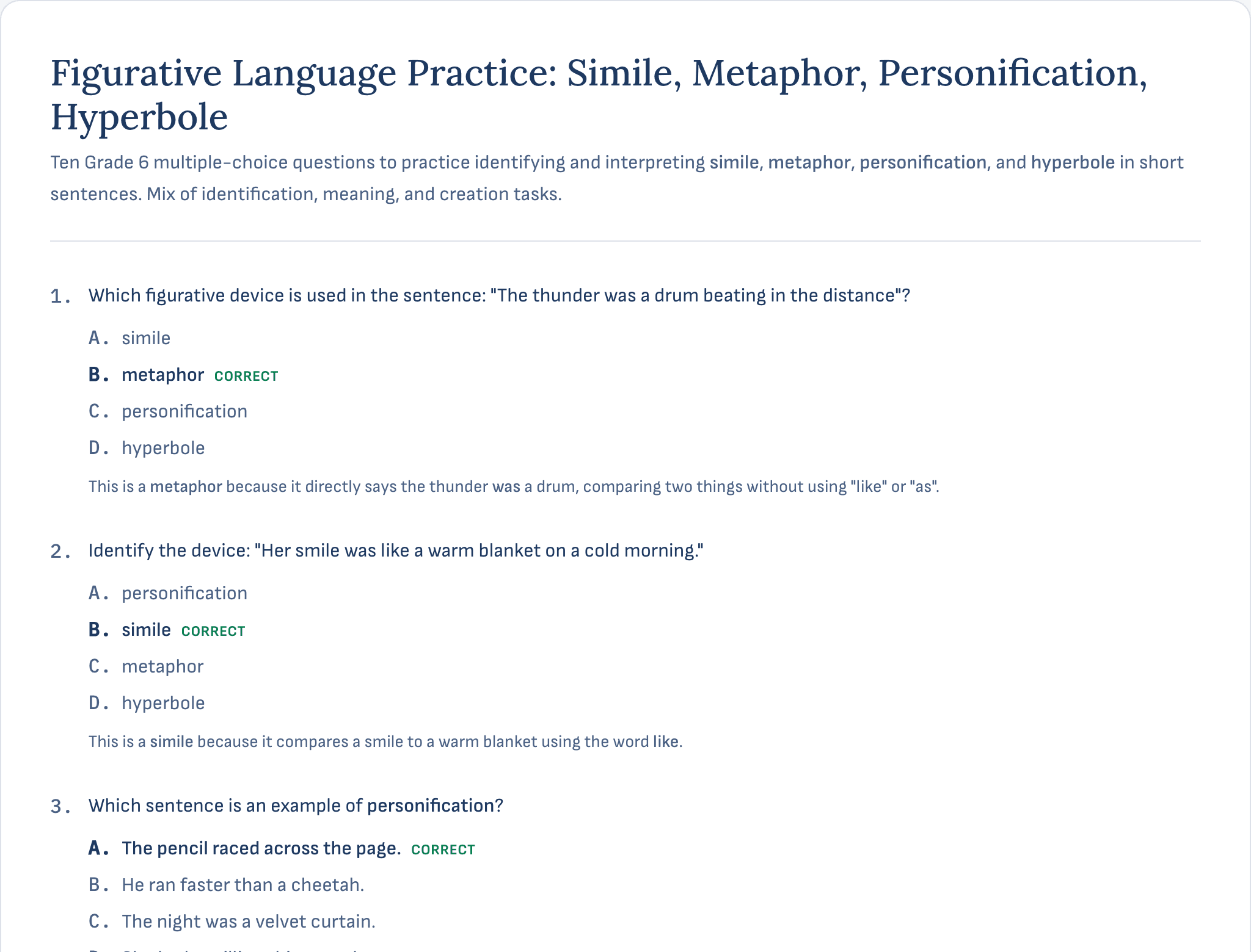 The top of a generated Grade 6 quiz on figurative language, with the correct option marked on each question and a short explanation of why it is right.