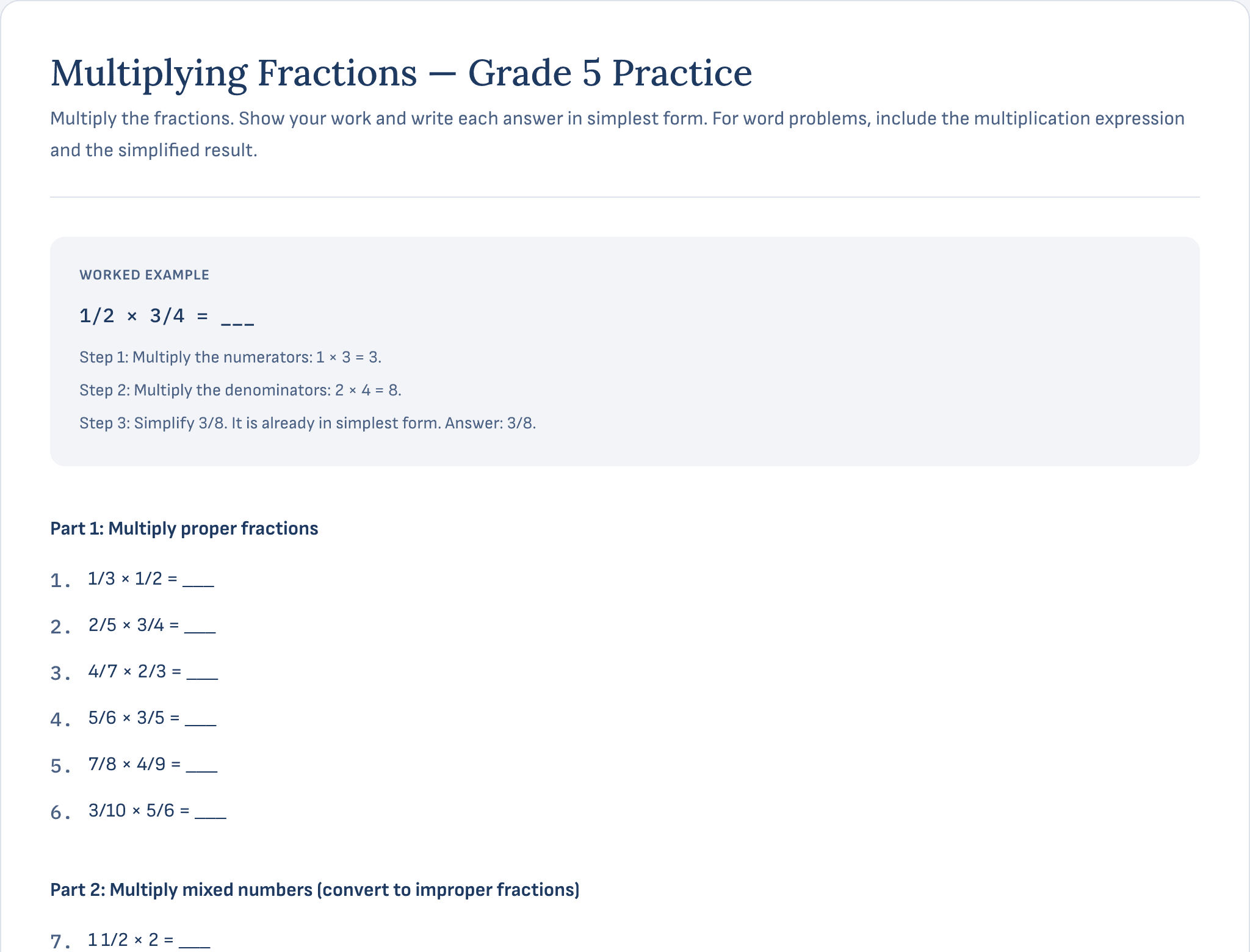 The top of a generated Grade 5 worksheet on multiplying fractions: a worked example showing all three steps, then the first section of practice questions.
